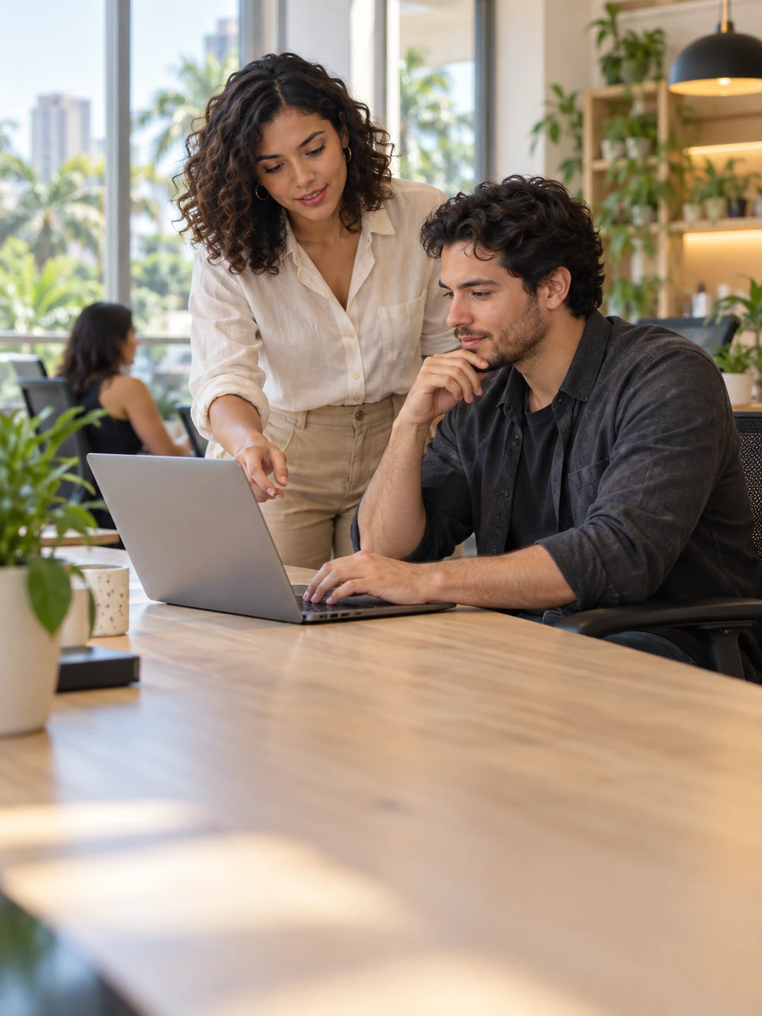 Diseñadora e ingeniero trabajan juntos en un estudio de software.