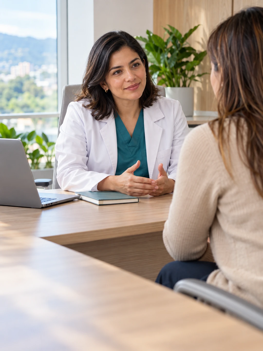 Physician listens to a patient during a consultation in a Colombian clinic.