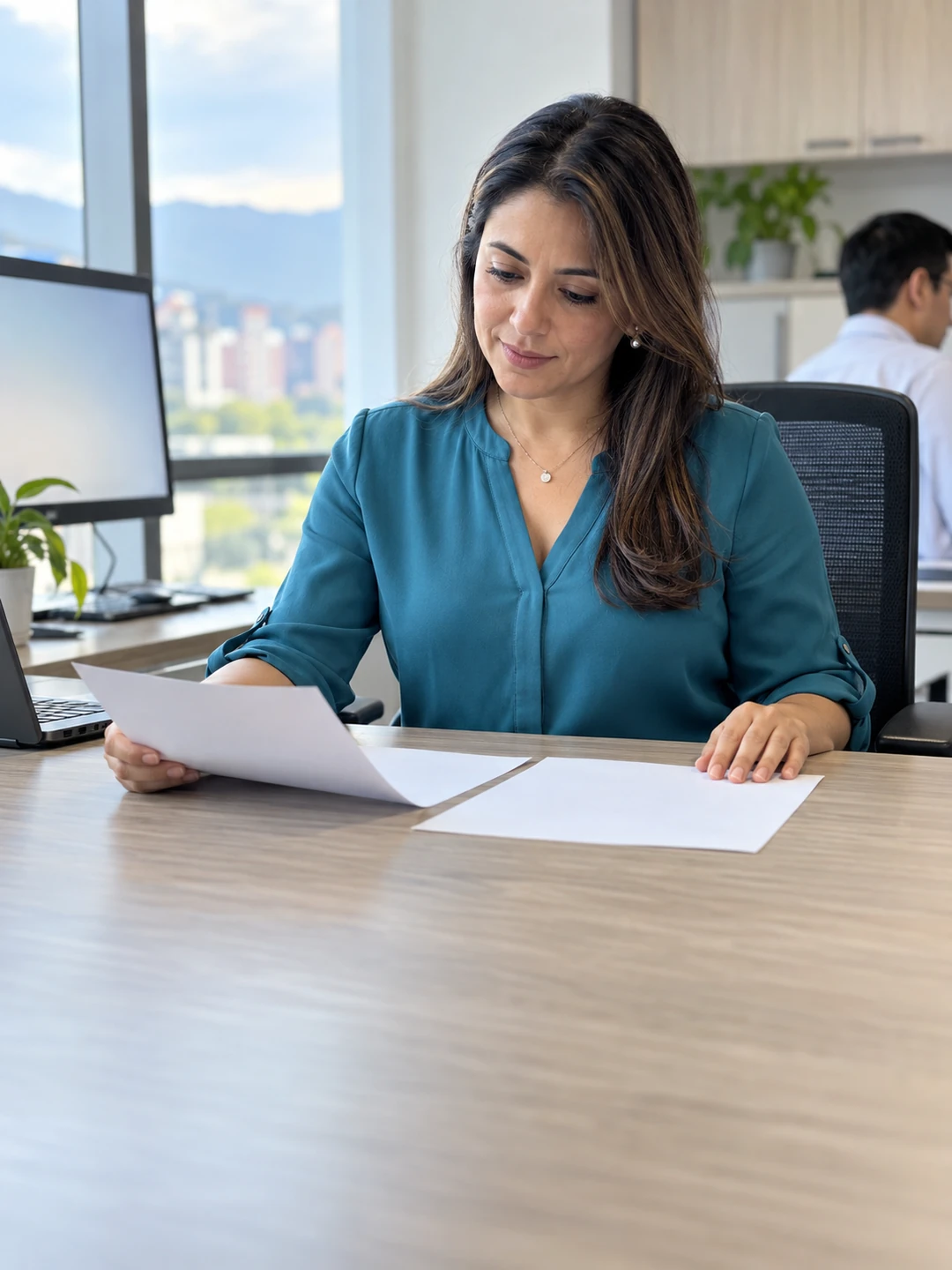 Healthcare coordinator reviews documents in a bright office.