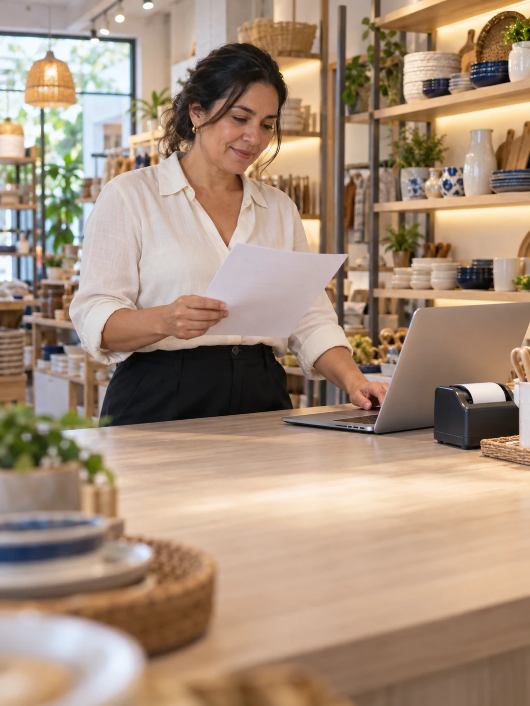 Shop owner reviews a document beside a laptop in a Colombian store.