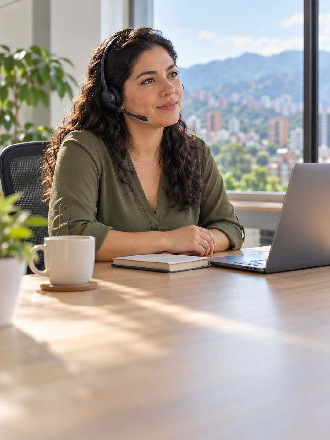 Adviser wearing a headset listens from an organized workstation.