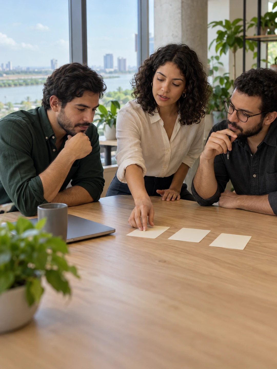 Three colleagues organize their work around a studio table.