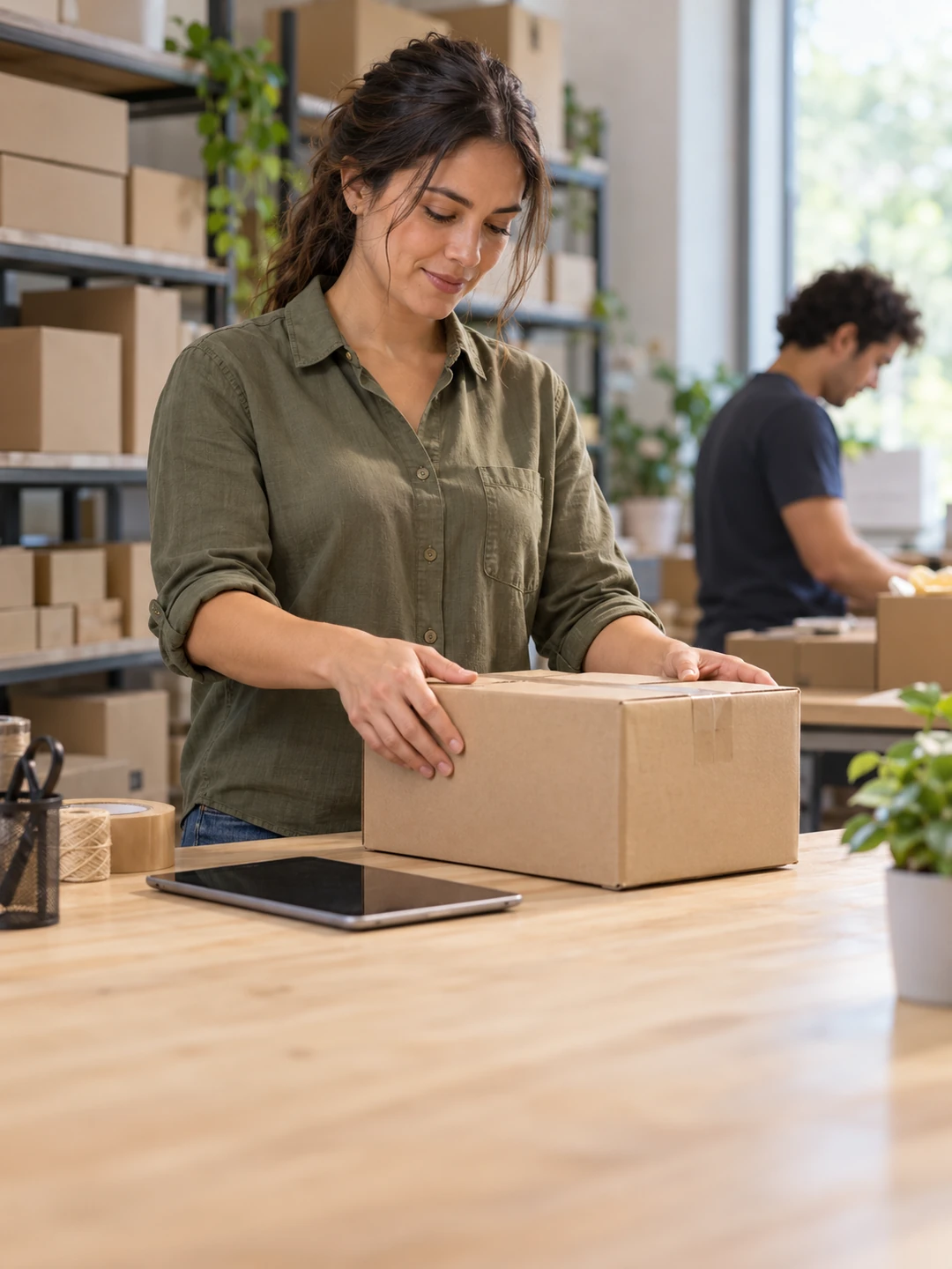 Operations lead prepares a parcel in an organized fulfillment workspace.