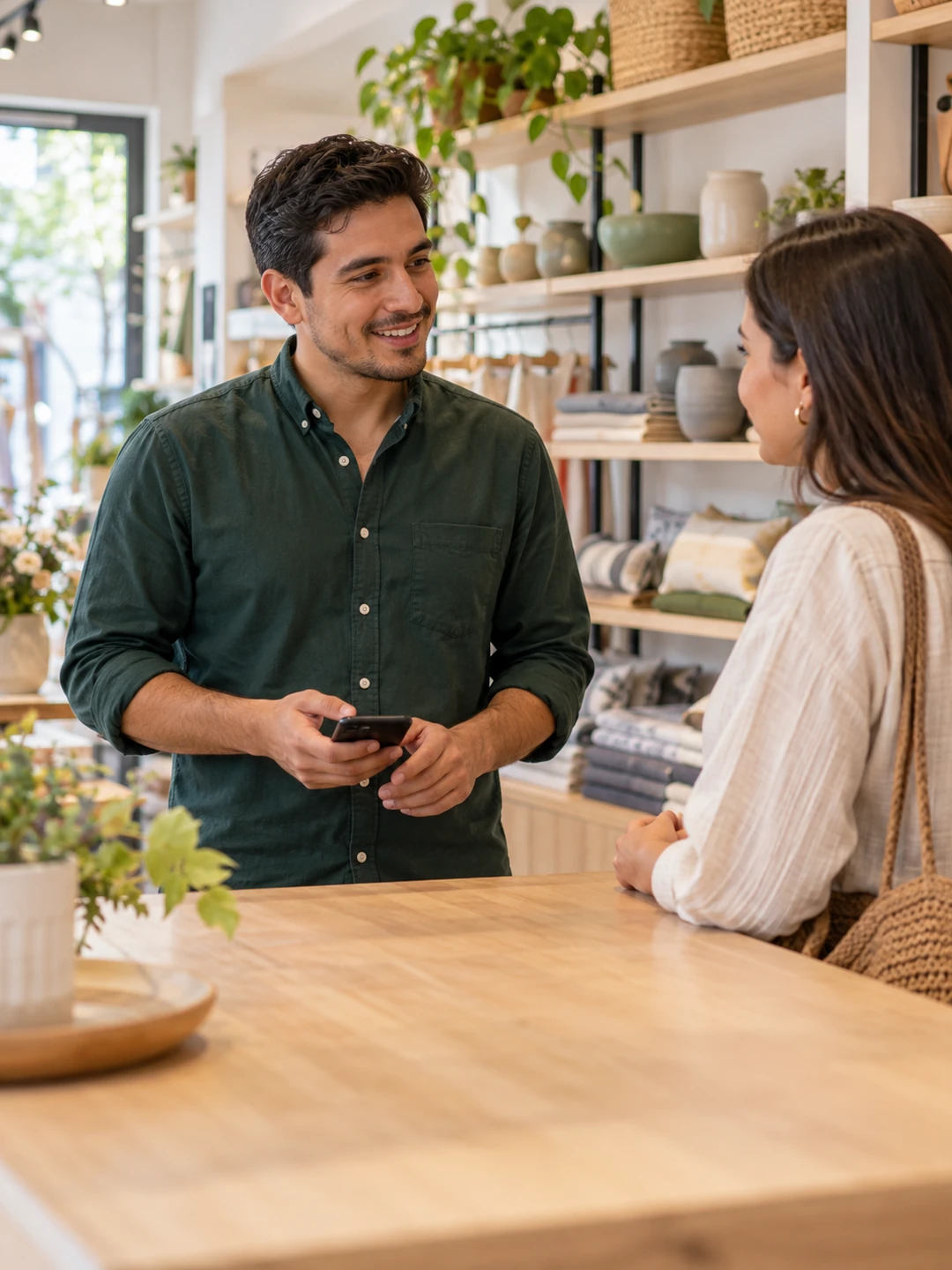 Shop adviser speaks with a customer while holding a phone.