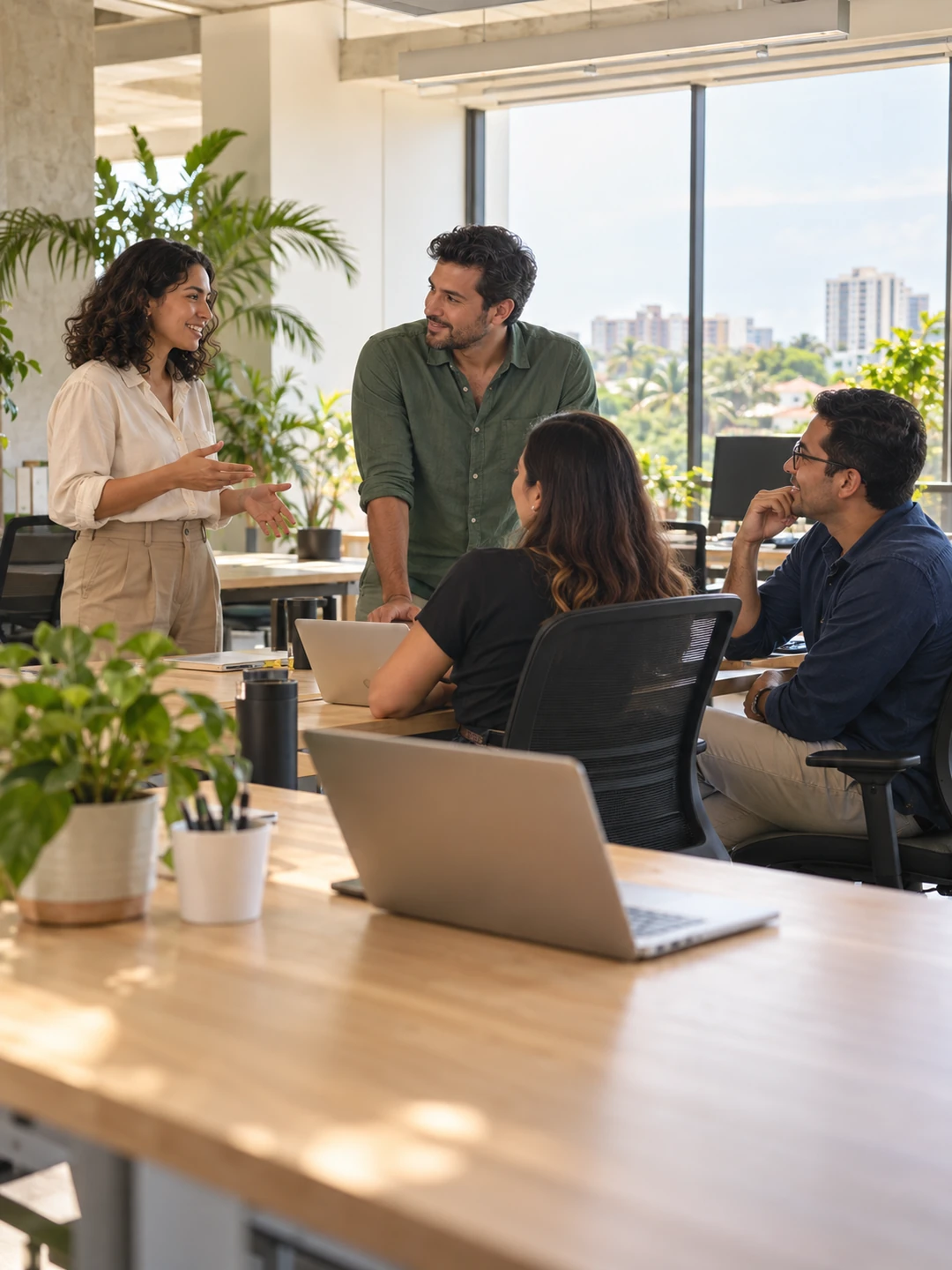 Team members discuss work in a spacious, bright software studio with plants.